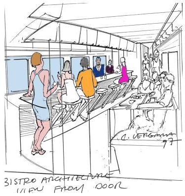 Initial concept drawing for the Bistro car interior
