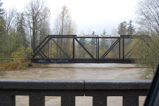 Bridge 35 with high flood waters during flood of South Fork of Snoqulamie River.