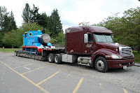 Thomas the Tank Engine arrives via truck to North Bend.
