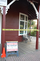 Snoqualmie Depot with caution tape for wet paint
