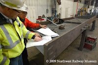 Inspection of rafters for Train Shed Exhibit Hall.