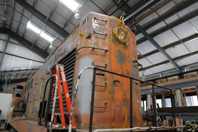 White River Lumber Co locomotive 1 in Conservation and Restoration Workshop.