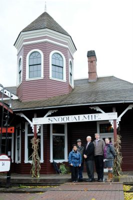 Tour of the Snoqualmie Depot. (L to R) Sue Van Gerpen, Marketing Manager; Richard R. Anderson, Executive Director; Congressman Dave Reichert; Snoqualmie Mayor Matt Larson, Jessie Cunningham, Educator.