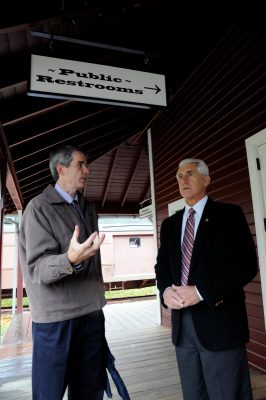 Snoqualmie Mayor Matt Larson & Congressman Dave Reichert view the new public restrooms in the Snoqualmie Depot.