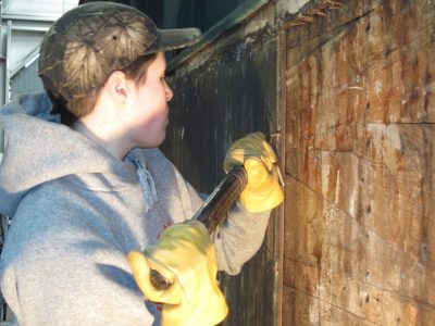 Meg carefully removing the siding.