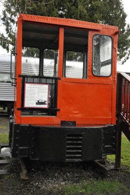 The Whitcomb locomotive on display at the Snoqualmie Depot, now with a new interpretative sign attached to the cab.