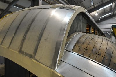 The roof ends of Messenger of Peace showing the new Terne II roofing panels. Of note is the curve of the roof.