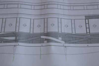 A close up of the Exterior Elevation drawing of Messenger of Peace. The interior framework of the car can be easily seen.