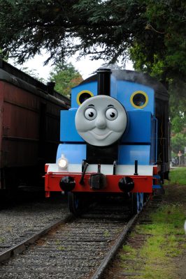 Thomas the Tank Engine arrives at the Snoqualime Depot grounds with the excursion train during DOWT 2012