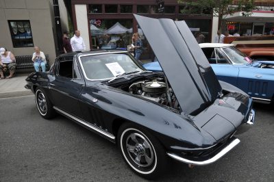 An immaculate 1966 Corvette with its hood up sits along Railroad Ave. during Snoqualmie Railroad Days 2012.