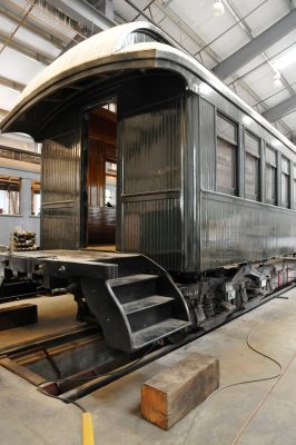 End view of Messenger of Peace showing car sitting on its new trucks.