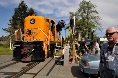 Former KCC RSD-4 #201 sits at a crossing during the filming of Washington Lottery's commercial.