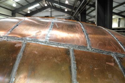 Detail photo of SP&S 218's roof showing the individual copper panels soldered together.