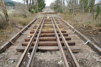 Bridge 35 in 2014 showing completed work to wooden bridge deck, track installed, and awaiting ballast. Looking west.