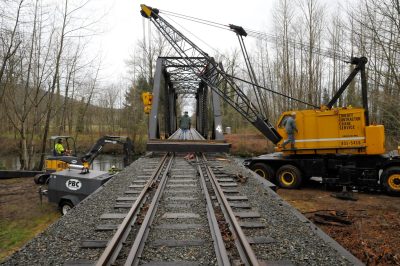 Imhoff crane lifts east and of Bridge 35 Pratt truss