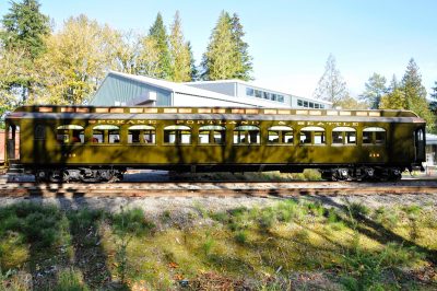 Side view of SP&S 218 on siding in front of the Train Shed showing completed lettering.