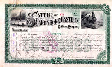 Seattle, Lake Shore & Eastern Stock Certificate.