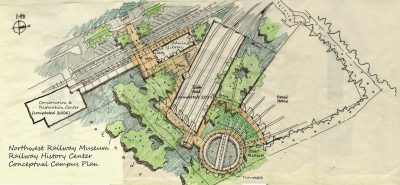 Conceptual drawing of the Railway History Campus showing the CRC. Train Shed, Admin Building, and possibly a Roundhouse.