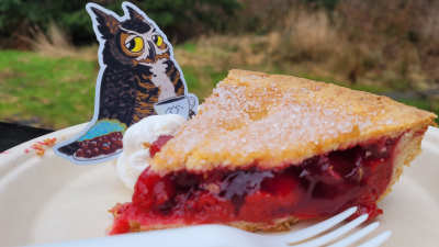 Peak to Peak Express image. Owl sticker with cherry pie from Twede's Cafe.