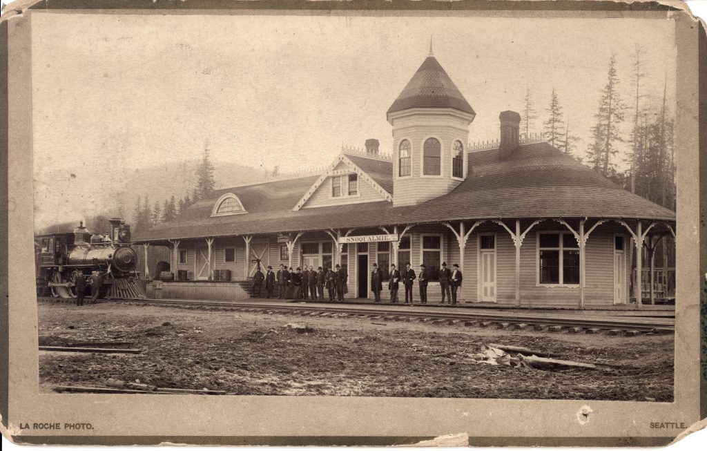 Snoqualmie Depot front elevation with steam train circa 1891.