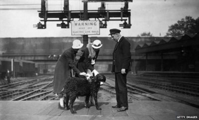 A later London Jack dog at a station platform with a guard. Two ladies are putting donations in the box on his back.