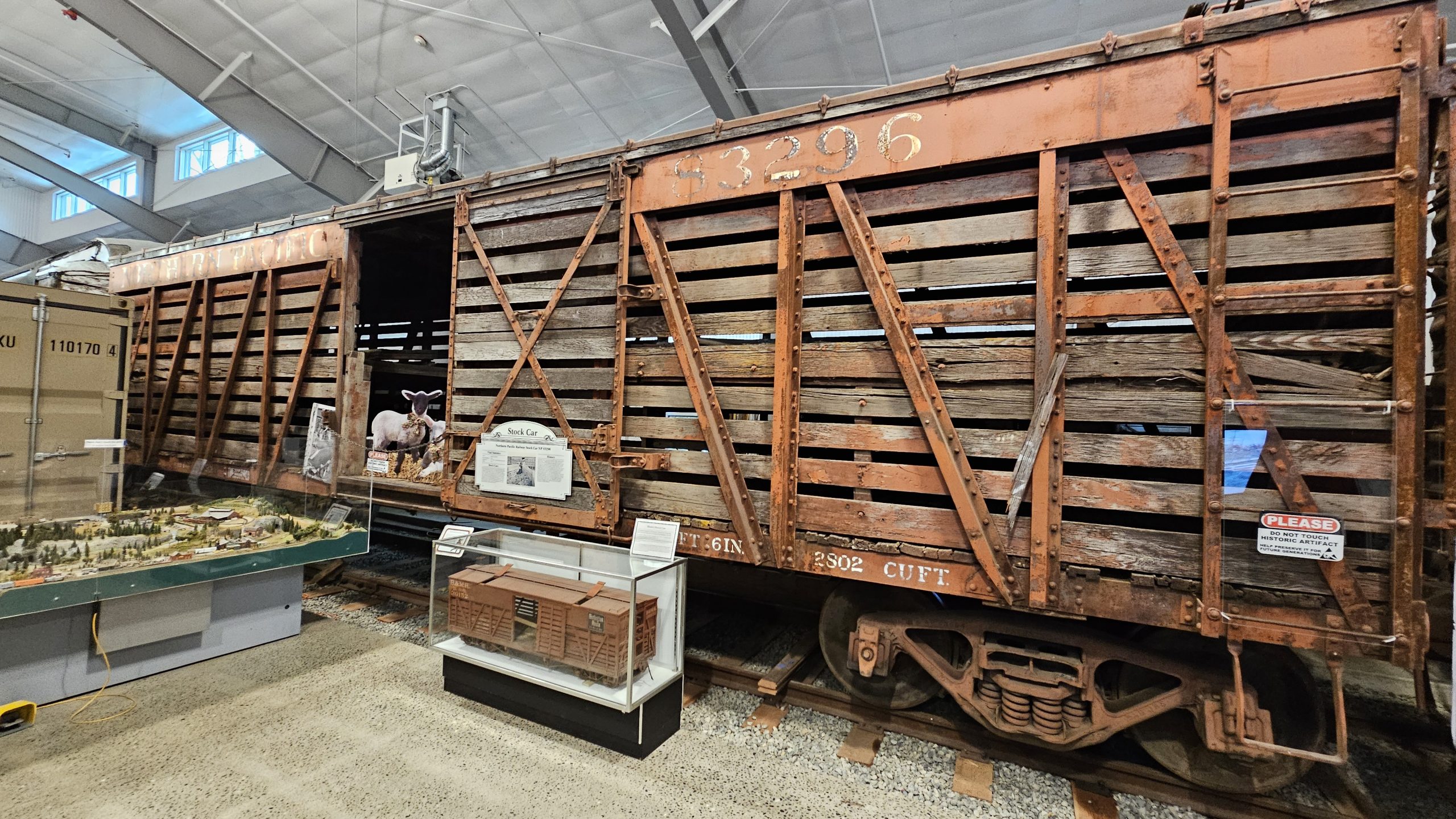 Northern Pacific Stock Car 83296 on display in Train Shed.