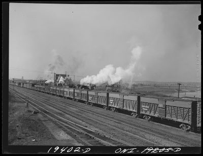 Jack Delano photo of a AT&SF train with stock cars. From Library of Congress collection.