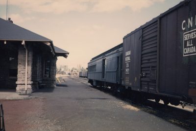 SP&S 272 or 273 at Bend, Oregon Depot with a Canadian National boxcar. NRM collection.