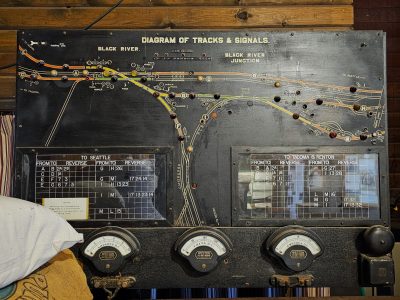 A black board labeled with tracks and lights. Power gauges line the bottom, and two descriptive boards detail levers to pull to clear tracks and signals.