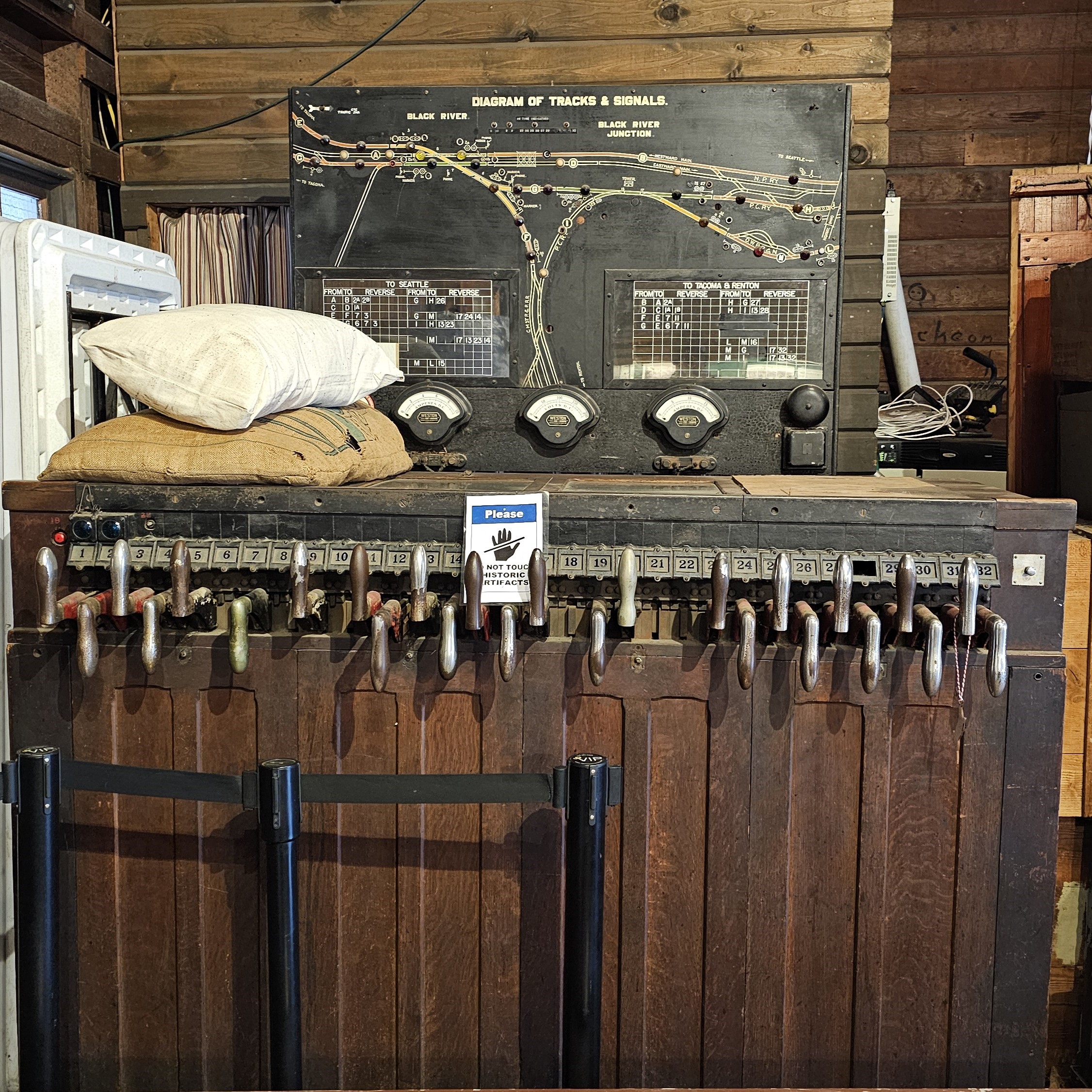 The former Black River tower model board and control frame on display in the Snoqualmie Depot.