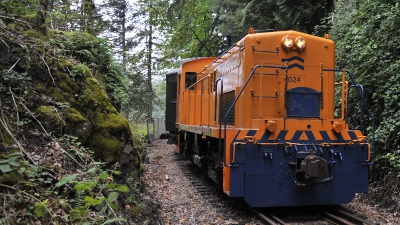 Orange locomotive 4024 at the Snoqualmie River Valley overlook at the end of our railway line