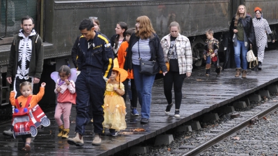 Costumed visitors disembarking the train during Halloween Train
