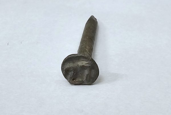 A railroad date nail used to mark what year it had been produced. 27 is raised on the head of the nail.