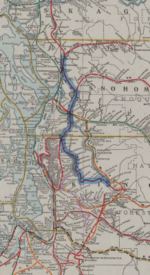 A partial section of the 1917 Washington Public Service Map of railroads. This section focuses on the Puget Sound area, and has the NP line between Arlington and Snoqualmie Falls highlighted.