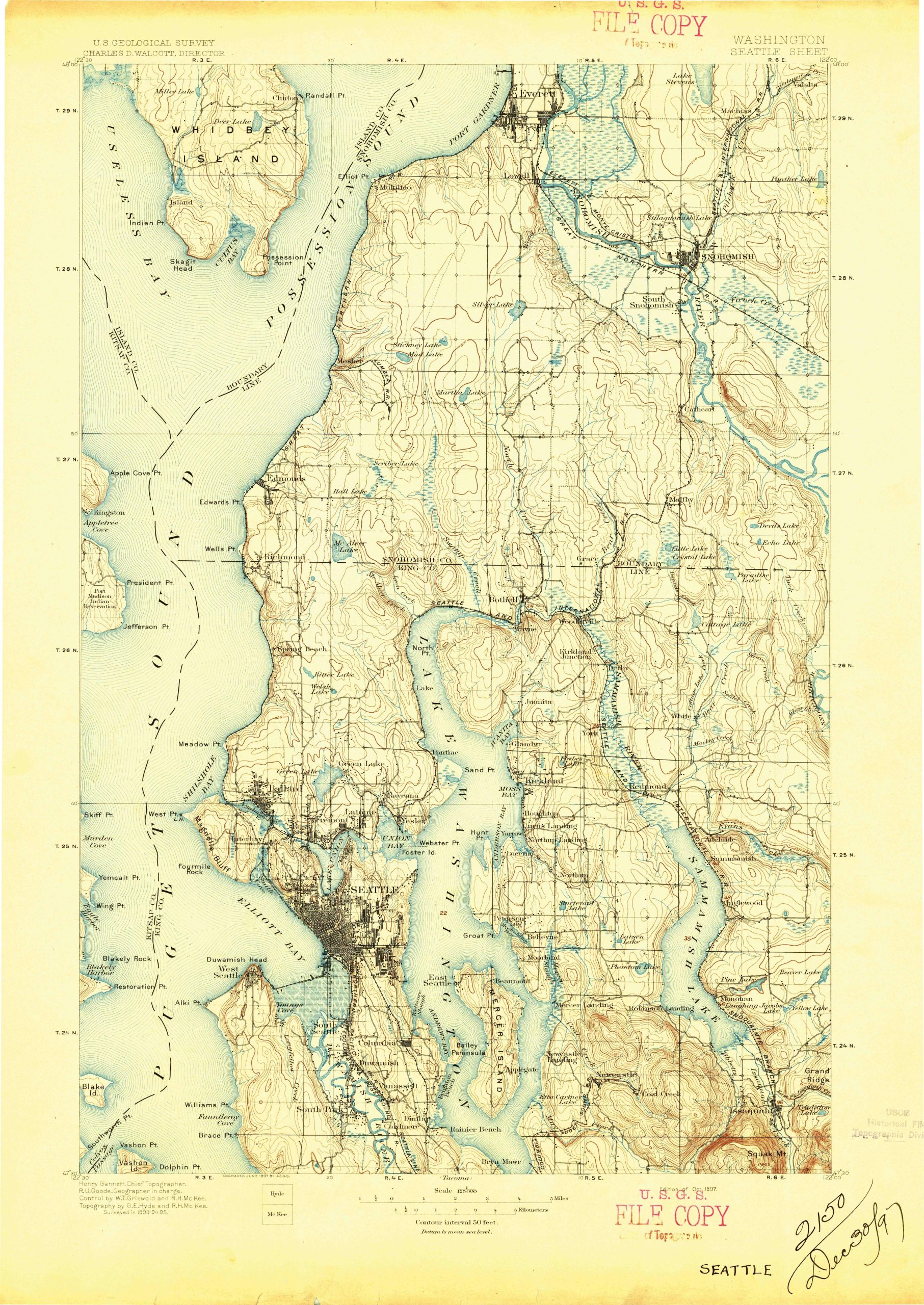 1897 geological survey map for Seattle area, from south Seattle to Everett and Puget Sound to Issaquah.
