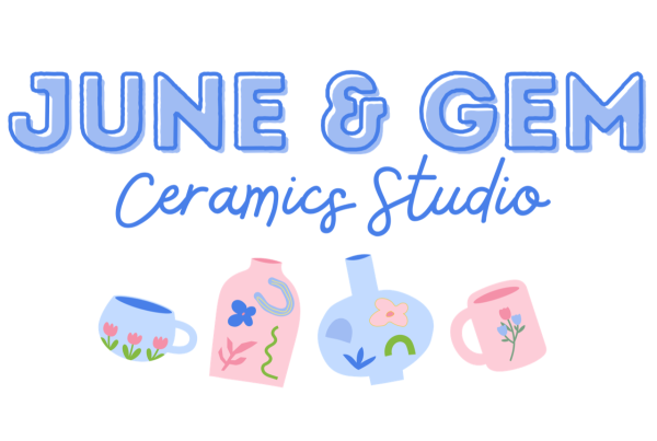 Pastel logo with ceramic mugs and jugs for June & Gem Ceramics Studio