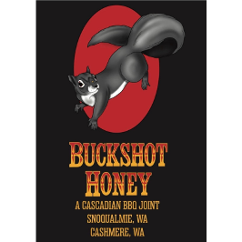 Buckshot Honey logo with a squirrel on a red oval. A Cascadian BBQ joint, Snoqualmie, WA & Cashmere, WA