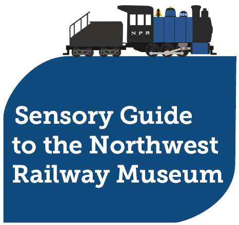 Graphic depicting NP 924 steam locomotive on top of a blue shape. Text reads Sensory Guide to the Northwest Railway Museum