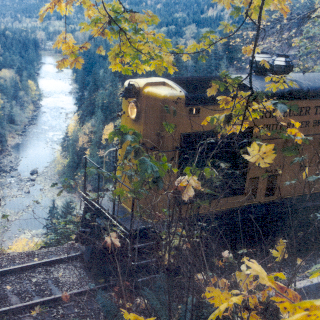A photo of Locomotive one in service up at the Snoqualmie River Valley overlook.