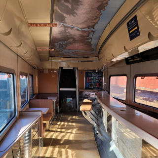 An interior view of the Amtrak Cascades Bistro Car after it arrived at the Northwest Railway Museum