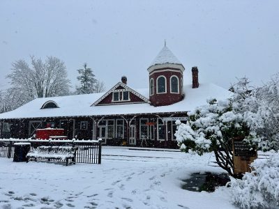 The historic Snoqualmie Depot with a coating of snow from the mid-March storm.