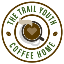 Coffee cup in a circle, reads The Trail Youth Coffee Home